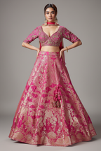 Pink Banarasi Brocade Silk Zari Weaving Lehenga - pink silk saree zari