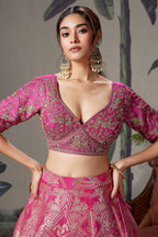Pink Banarasi Brocade Silk Zari Weaving Lehenga - pink silk saree zari