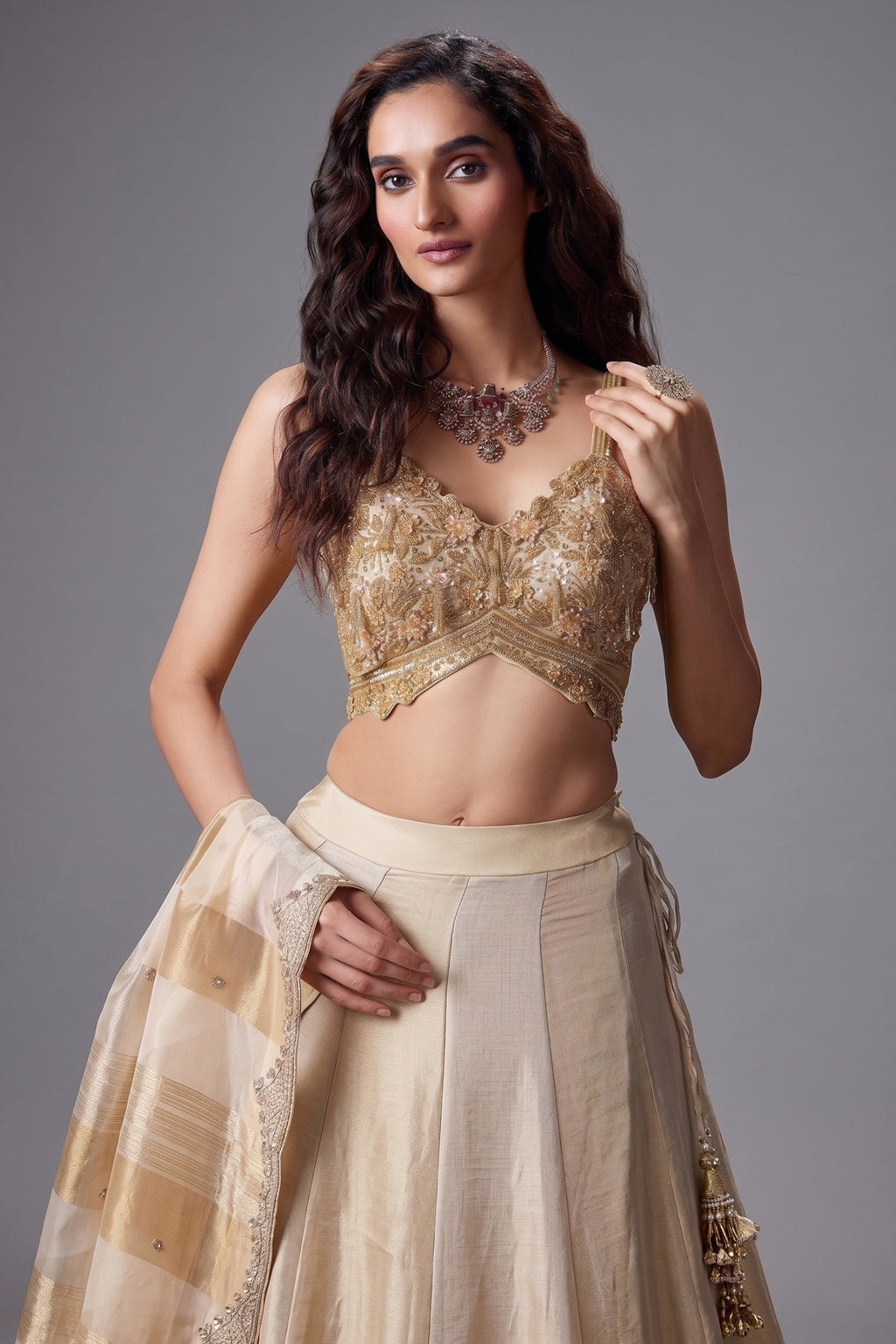 Golden and Off White Tissue Lehenga with Beaded Cutdana Worked Blouse - gold saree