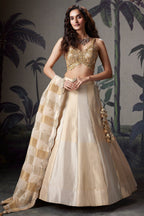 Golden and Off White Tissue Lehenga with Beaded Cutdana Worked Blouse - gold saree