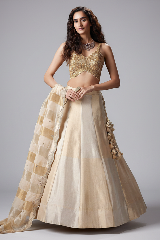 Golden and Off White Tissue Lehenga with Beaded Cutdana Worked Blouse - gold saree