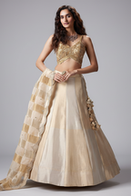 Golden and Off White Tissue Lehenga with Beaded Cutdana Worked Blouse - gold saree