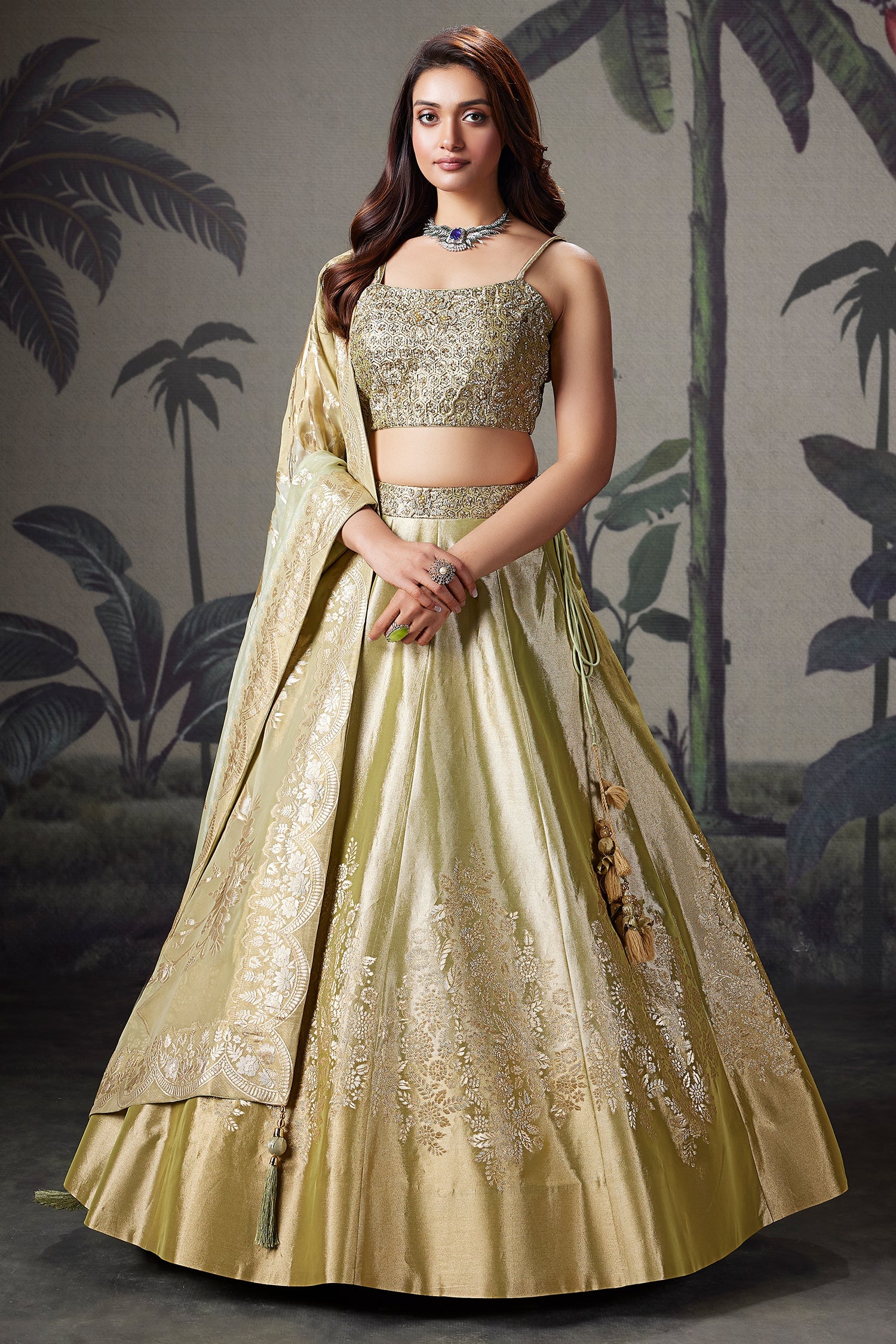 Light Pista Green Tissue Zari Woven Lehenga with Beaded Zardosi Worked Blouse - green saree zari