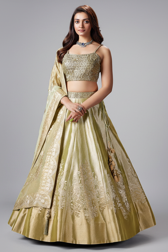 Light Pista Green Tissue Zari Woven Lehenga with Beaded Zardosi Worked Blouse - green saree zari