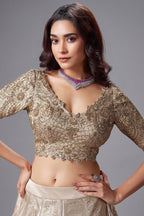 Silver and Golden Ombre Tissue Floral Zari Woven Lehenga - gold saree zari