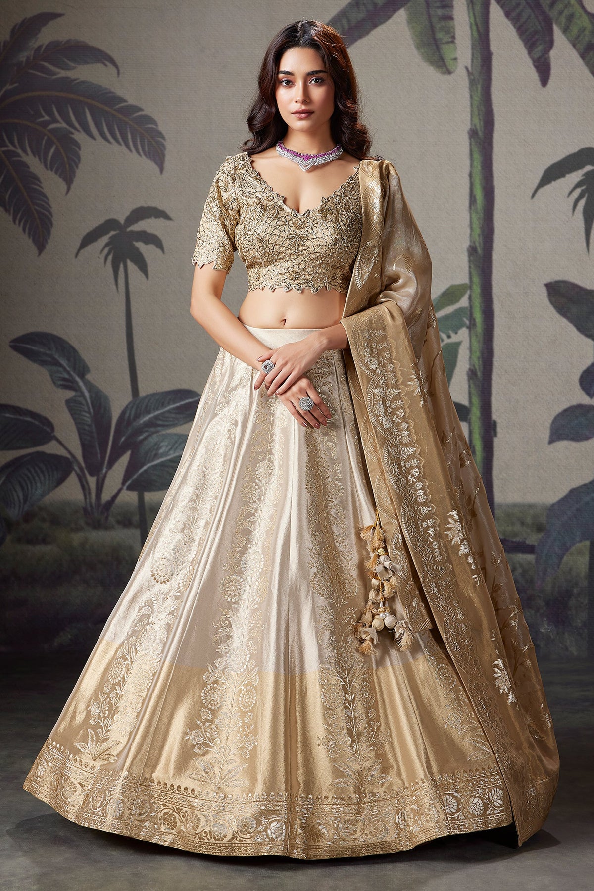 Silver and Golden Ombre Tissue Floral Zari Woven Lehenga - gold saree zari