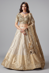 Silver and Golden Ombre Tissue Floral Zari Woven Lehenga - gold saree zari