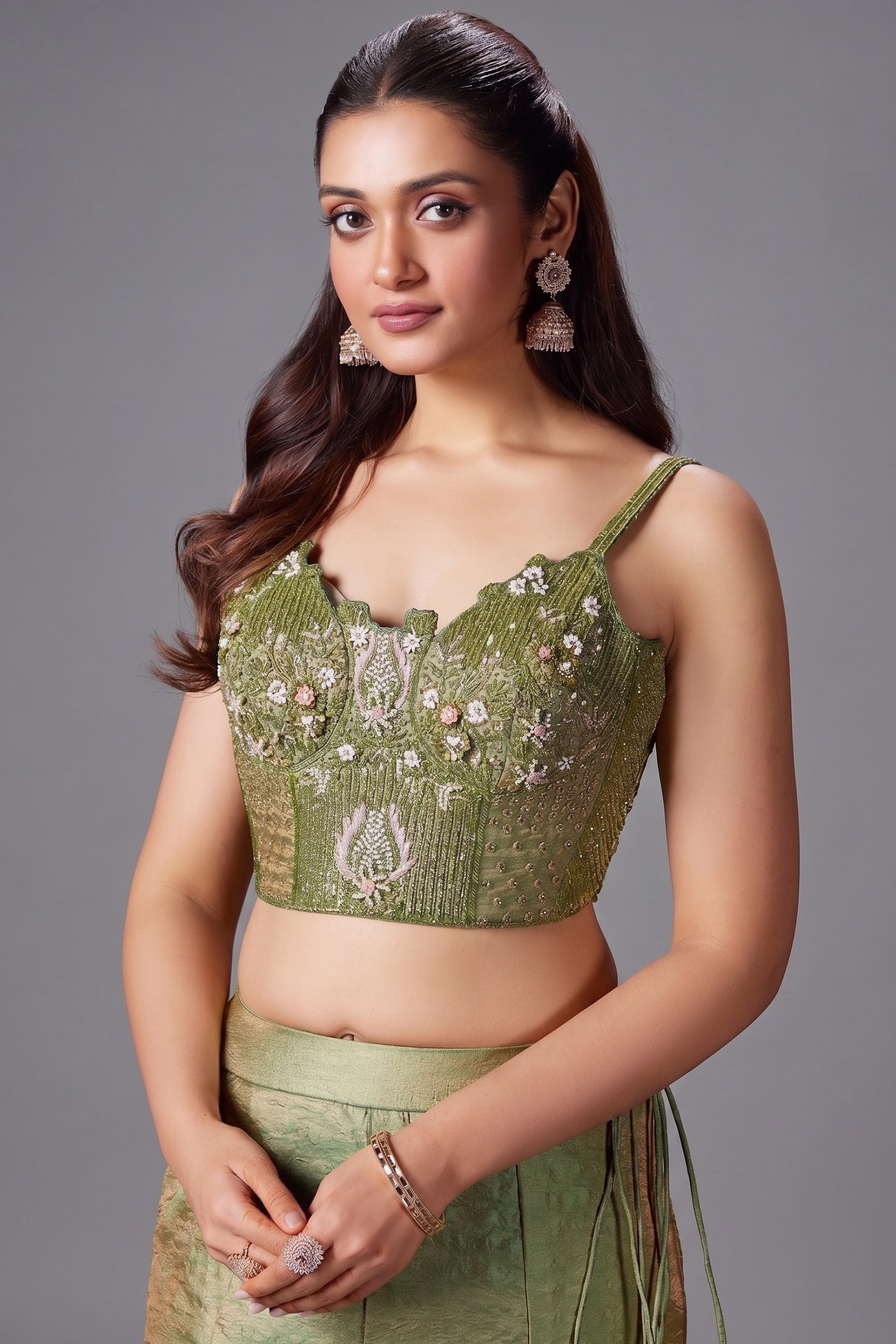 Moss Green Crush Tissue Silk Fish Cut Lehenga with Sequins and Beaded Corset - green silk saree