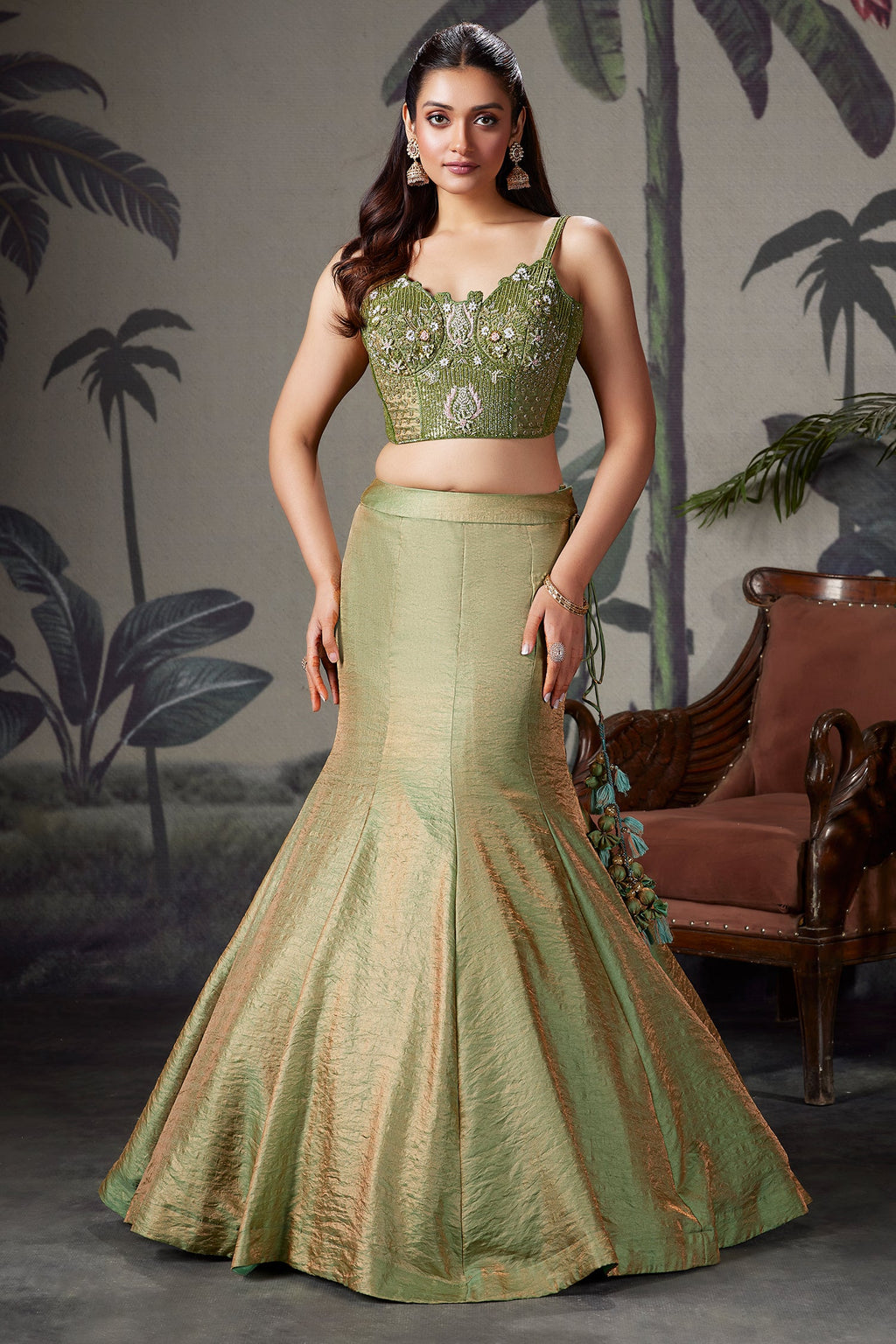 Moss Green Crush Tissue Silk Fish Cut Lehenga with Sequins and Beaded Corset - green silk saree