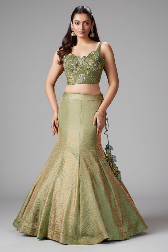Moss Green Crush Tissue Silk Fish Cut Lehenga with Sequins and Beaded Corset - green silk saree Main image