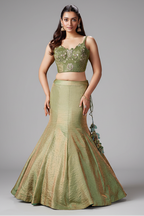 Moss Green Crush Tissue Silk Fish Cut Lehenga with Sequins and Beaded Corset - green silk saree