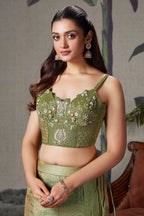 Moss Green Crush Tissue Silk Fish Cut Lehenga with Sequins and Beaded Corset - green silk saree