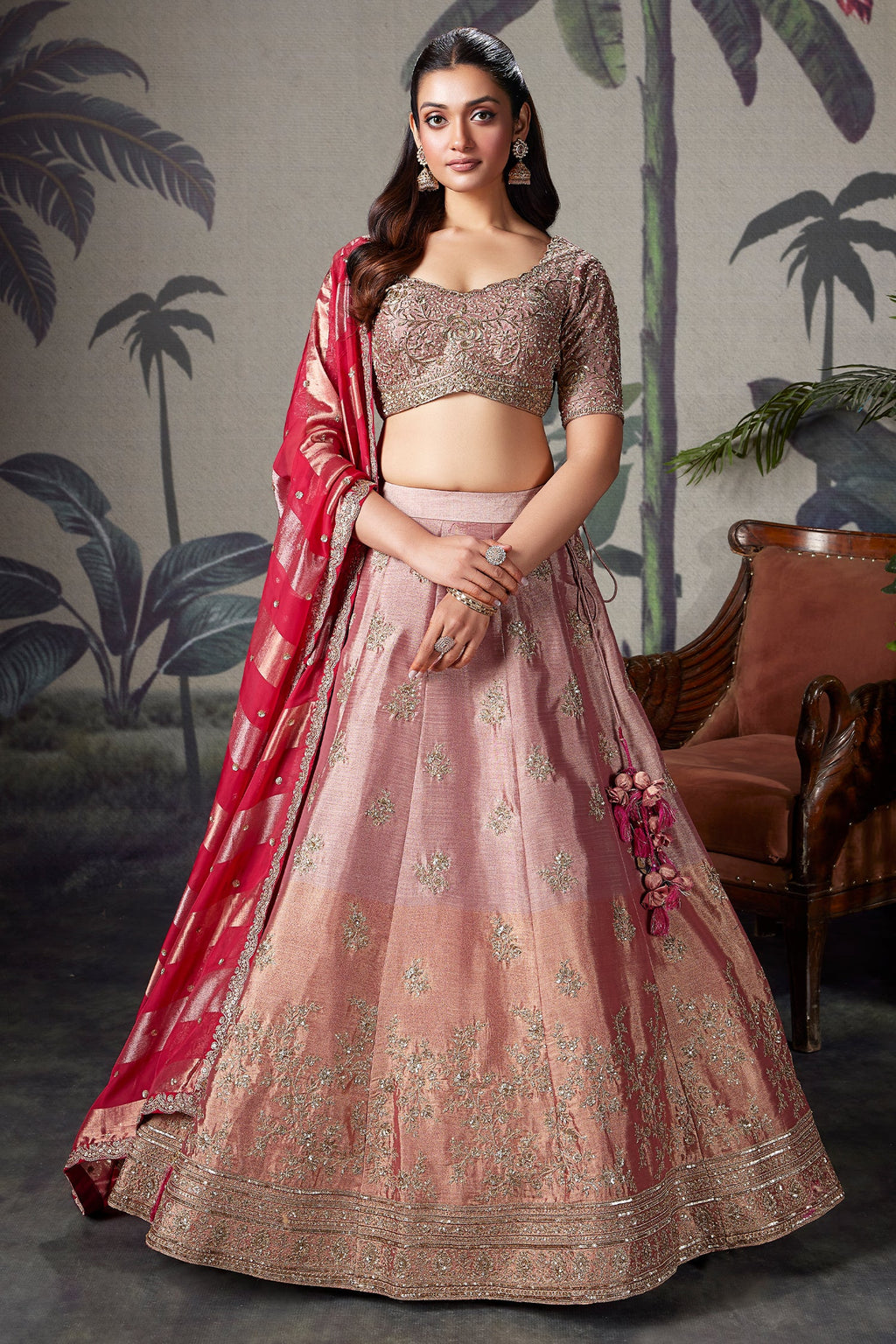 Pink and Peach Ombre Tissue Silk Zardosi Worked Lehenga - peach silk saree