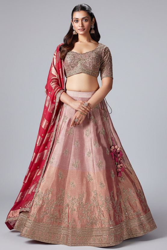 Pink and Peach Ombre Tissue Silk Zardosi Worked Lehenga - peach silk saree Main image
