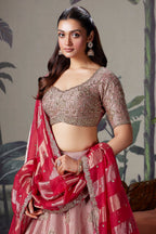 Pink and Peach Ombre Tissue Silk Zardosi Worked Lehenga - peach silk saree