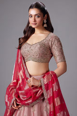 Pink and Peach Ombre Tissue Silk Zardosi Worked Lehenga