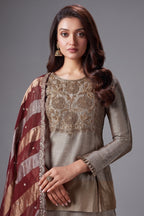 Silver and Golden Ombre Tissue Zardosi Worked Lehenga with Long Top - gold saree