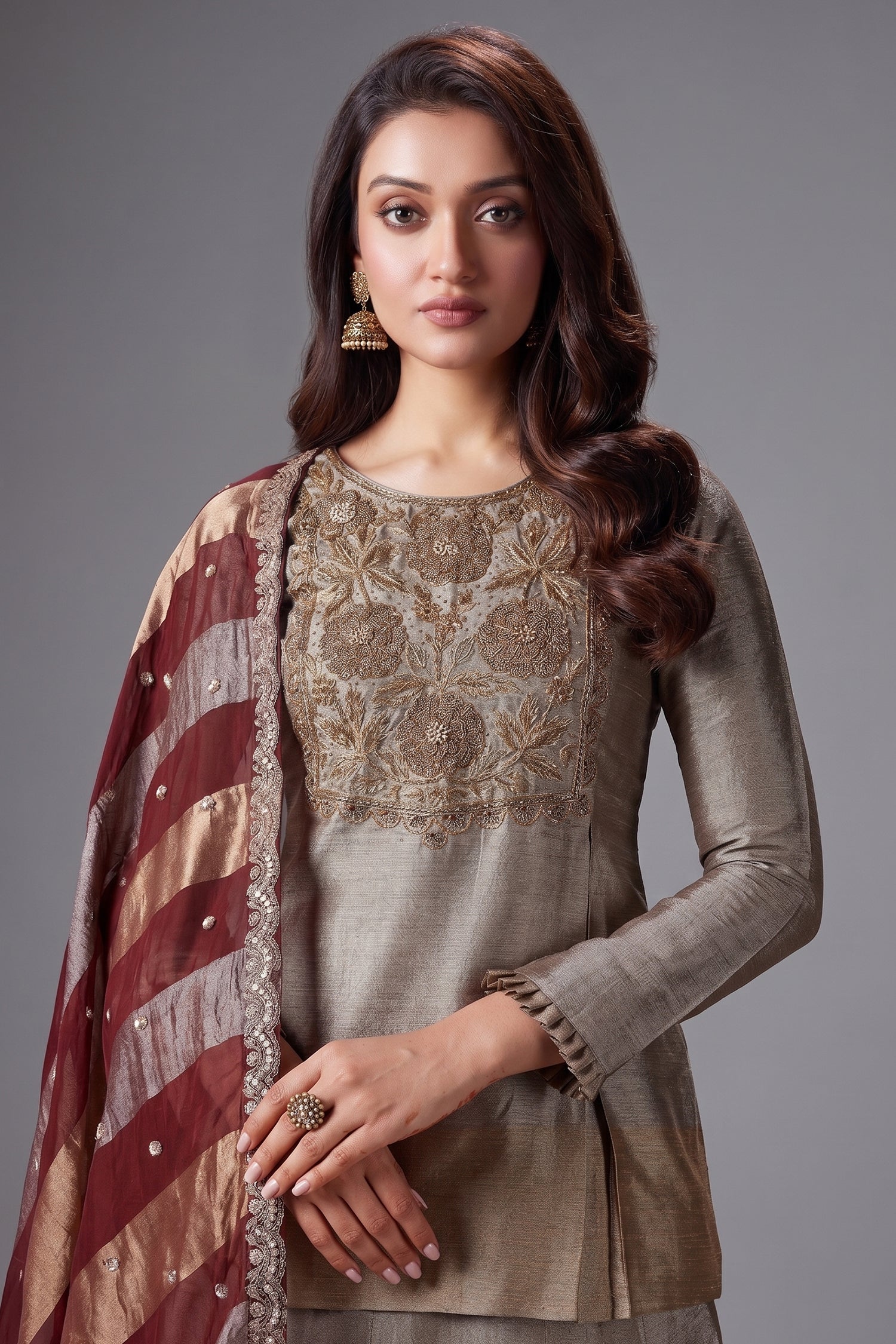 Silver and Golden Ombre Tissue Zardosi Worked Lehenga with Long Top - gold saree