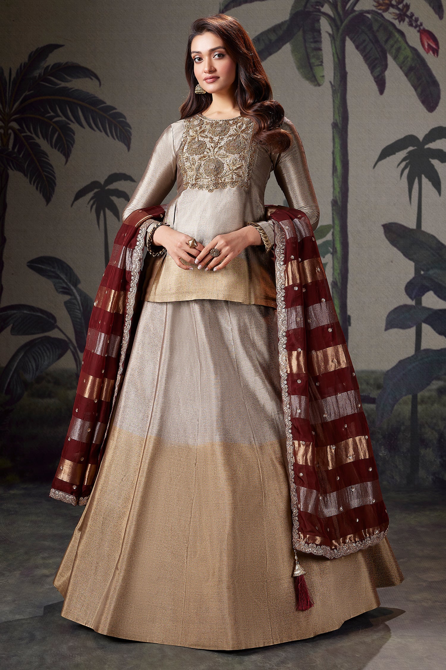 Silver and Golden Ombre Tissue Zardosi Worked Lehenga with Long Top - gold saree