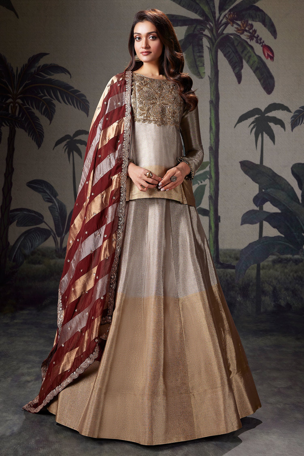Silver and Golden Ombre Tissue Zardosi Worked Lehenga with Long Top - gold saree