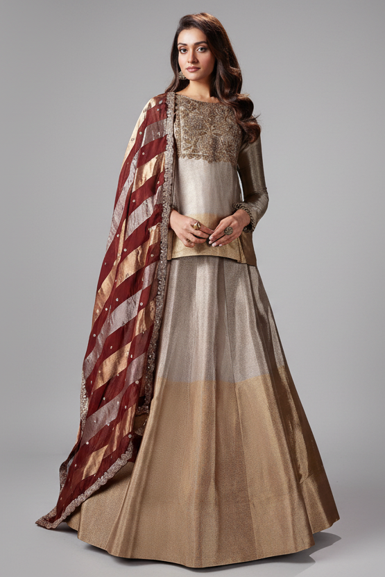 Silver and Golden Ombre Tissue Zardosi Worked Lehenga with Long Top - gold saree