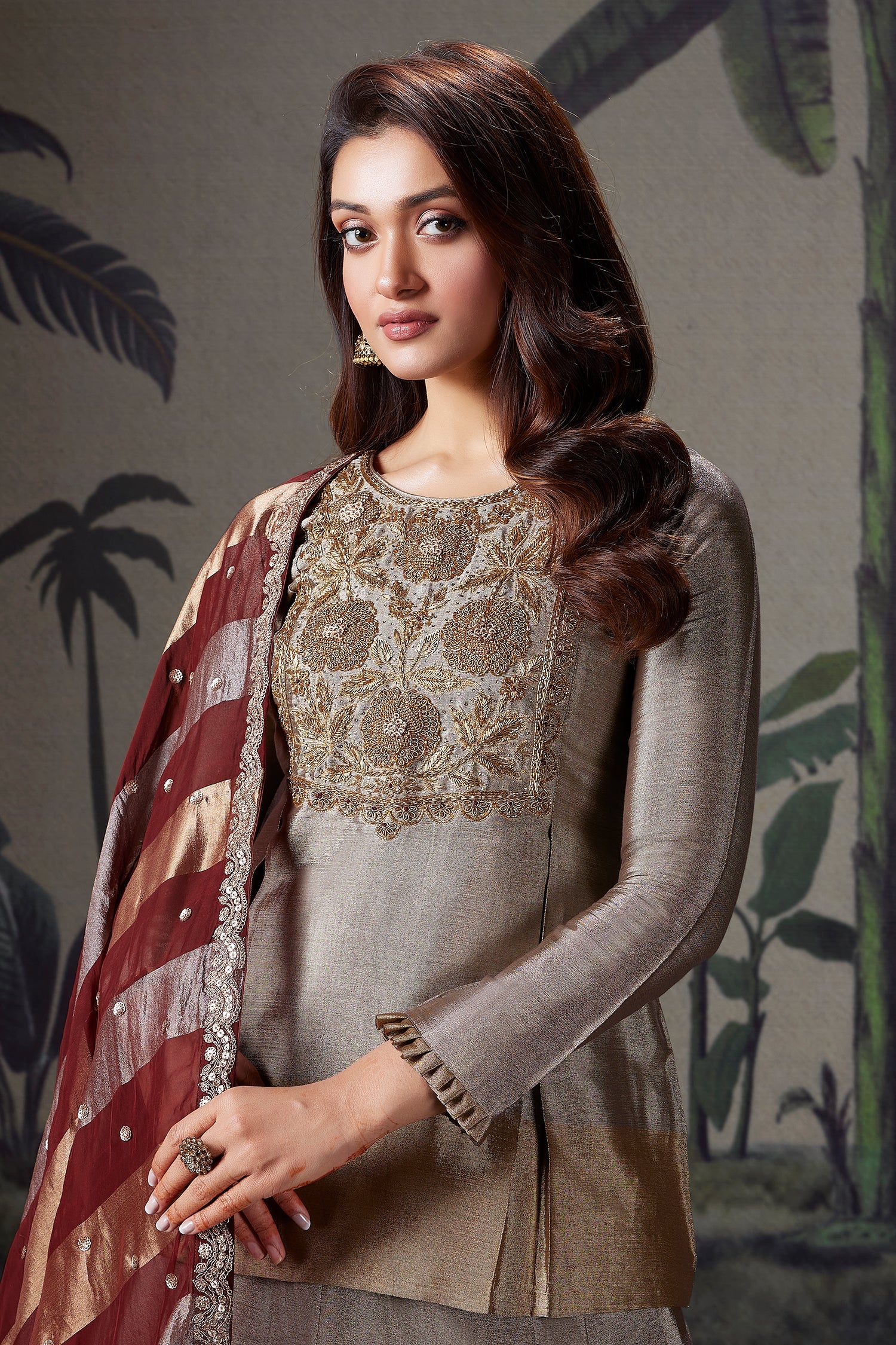 Silver and Golden Ombre Tissue Zardosi Worked Lehenga with Long Top - gold saree