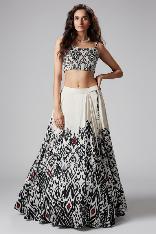 Ivory White Crepe Silk Printed Lehenga with Beaded and Cutdana Work Corset - white silk saree Main image
