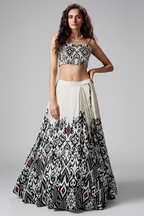 Ivory White Crepe Silk Printed Lehenga with Beaded and Cutdana Work Corset - white silk saree