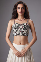Ivory White Crepe Silk Printed Lehenga with Beaded and Cutdana Work Corset