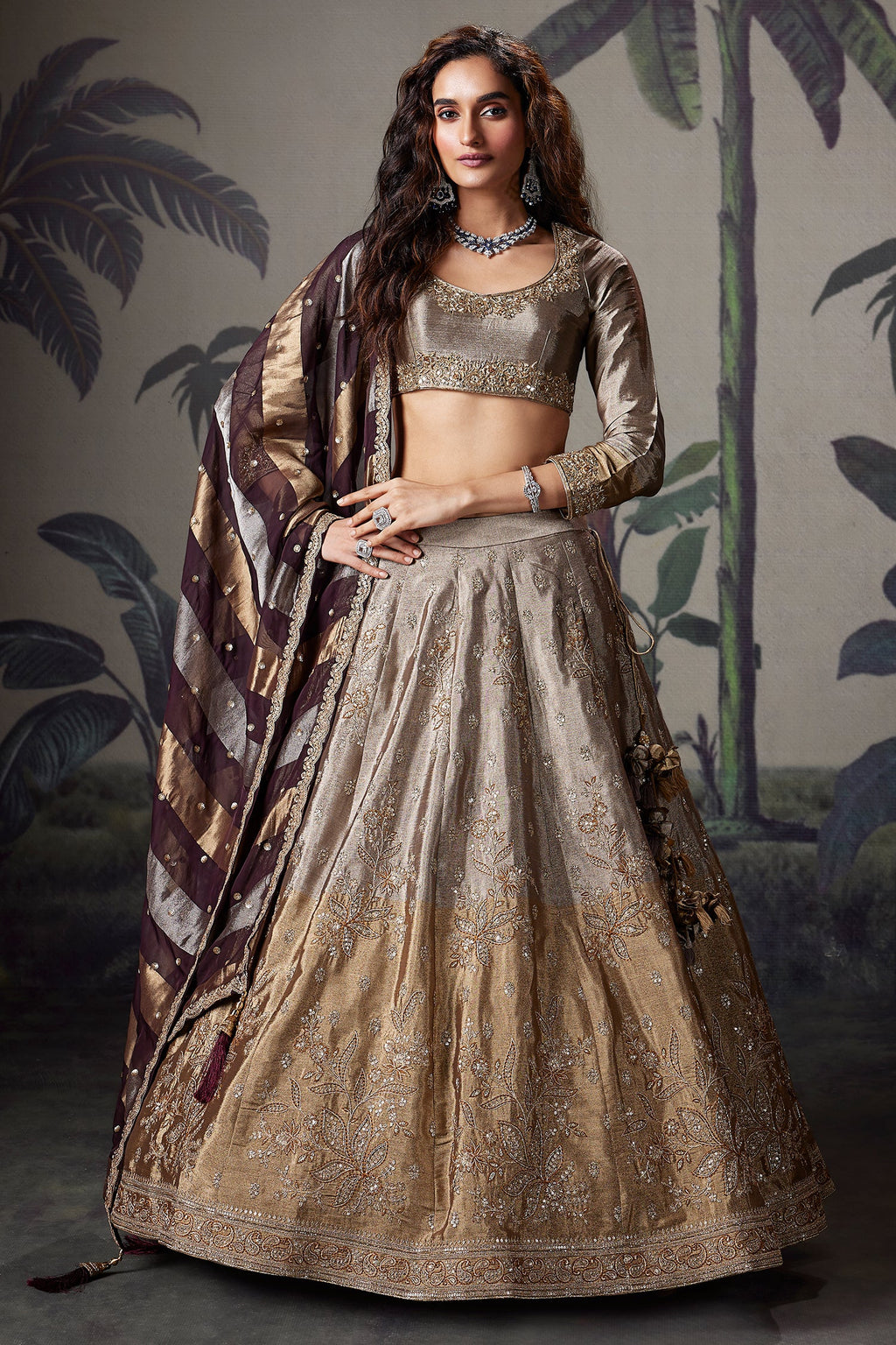 Silver and Golden Ombre Tissue Zardosi Worked Lehenga - gold saree