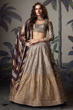 Silver and Golden Ombre Tissue Zardosi Worked Lehenga - gold saree
