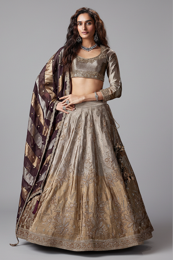 Silver and Golden Ombre Tissue Zardosi Worked Lehenga - gold saree