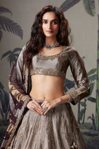 Silver and Golden Ombre Tissue Zardosi Worked Lehenga - gold saree