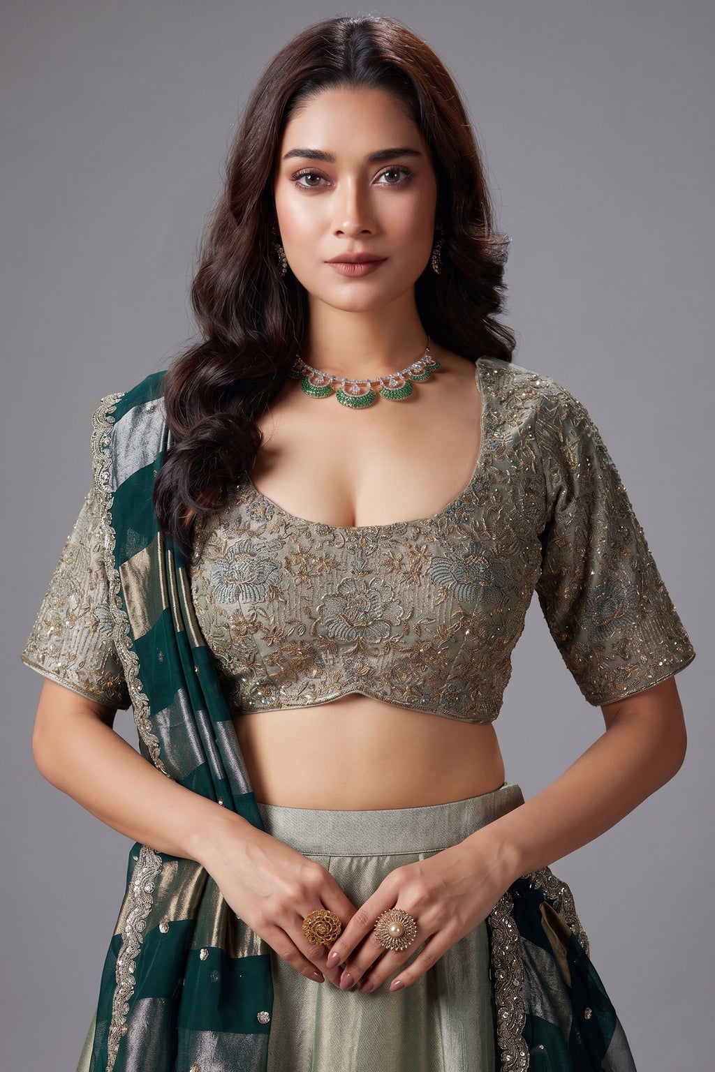 Mint Green and Golden Tissue Lehenga with Zardosi and Sequin Work - green saree