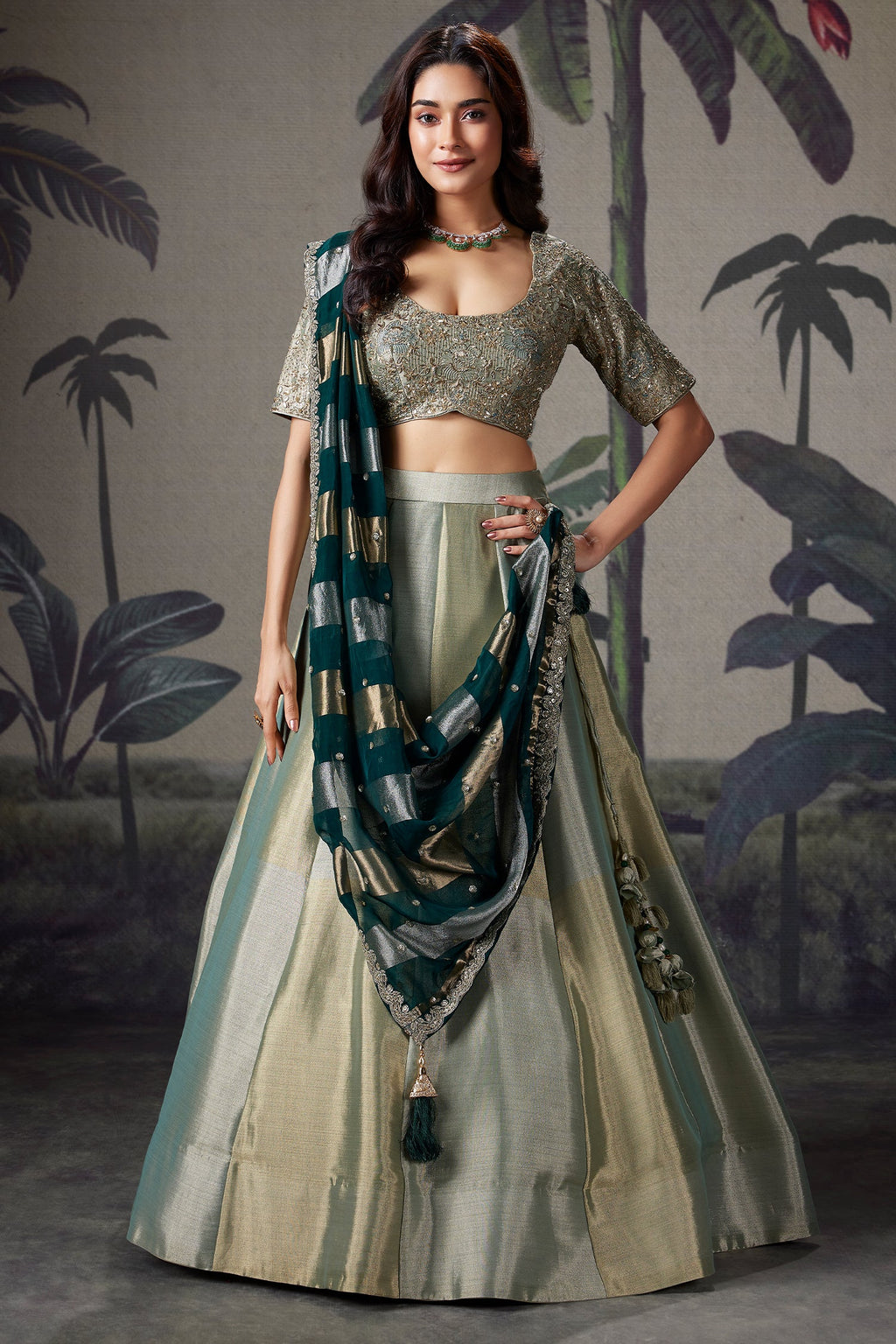 Mint Green and Golden Tissue Lehenga with Zardosi and Sequin Work - green saree