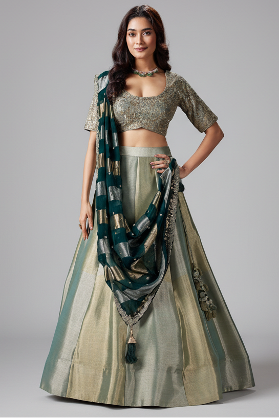Mint Green and Golden Tissue Lehenga with Zardosi and Sequin Work - green saree Main image