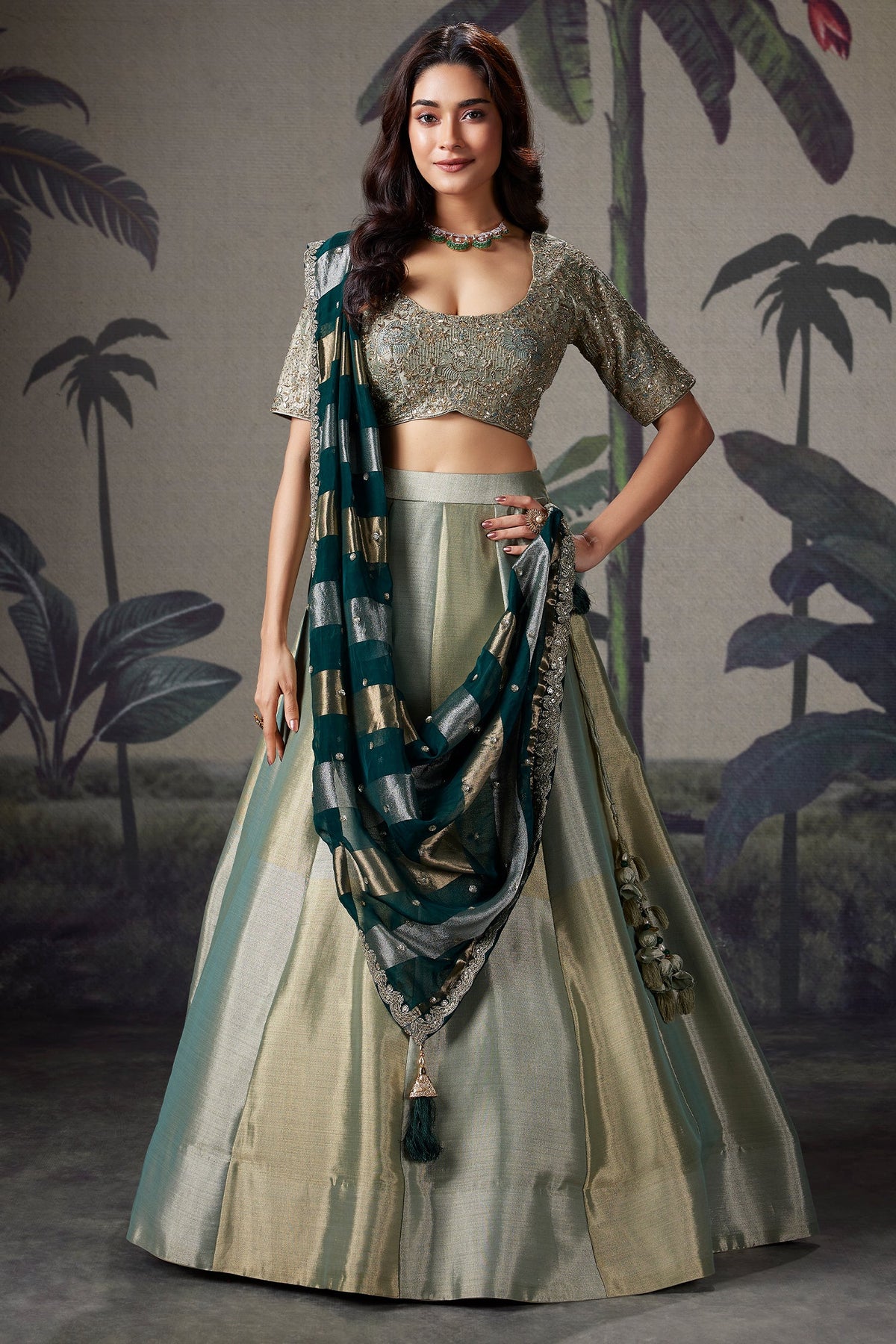 Mint Green and Golden Tissue Lehenga with Zardosi and Sequin Work