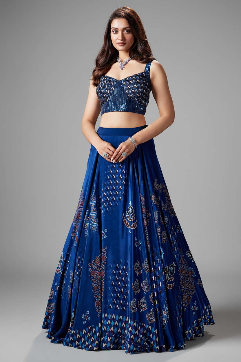 Blue Crepe Silk Printed Flared Lehenga with Sequin Cutdana Worked Corset - red silk saree
