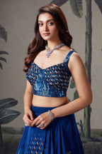 Blue Crepe Silk Printed Flared Lehenga with Sequin Cutdana Worked Corset - red silk saree