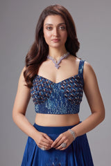 Blue Crepe Silk Printed Flared Lehenga with Sequin Cutdana Worked Corset - red silk saree