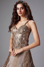 Golden and Silver Ombre Tissue Lehenga with Mirror Worked Corset - gold saree
