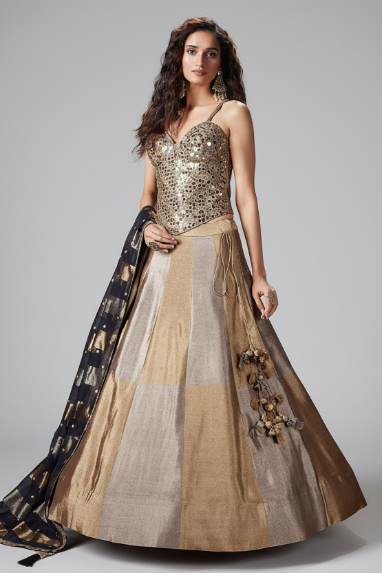 Golden and Silver Ombre Tissue Lehenga with Mirror Worked Corset - gold saree