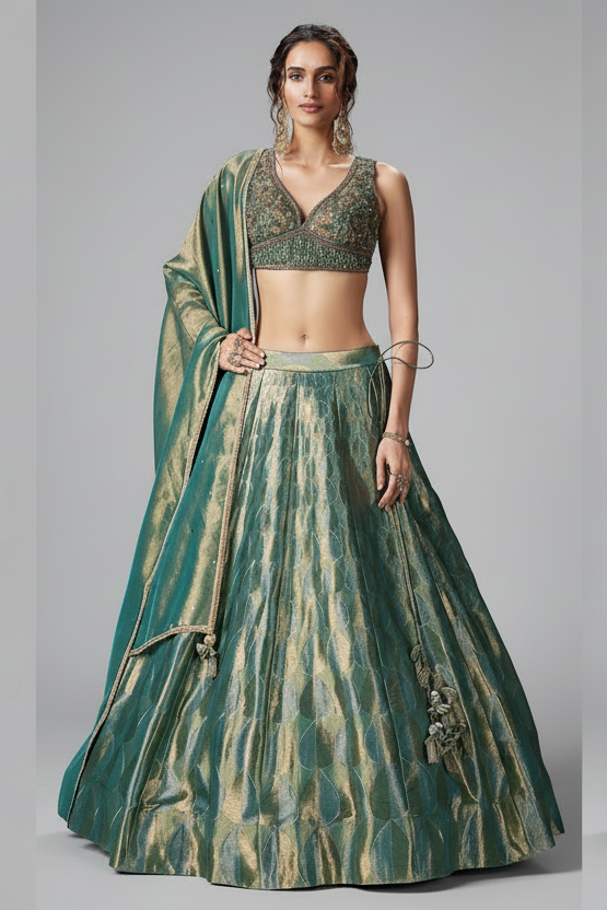 Teal Green and Golden Tissue Lehenga with Handworked Blouse - green saree Main image