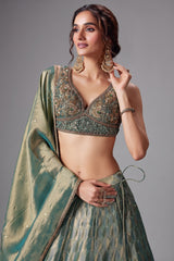 Teal Green and Golden Tissue Lehenga with Handworked Blouse - green saree