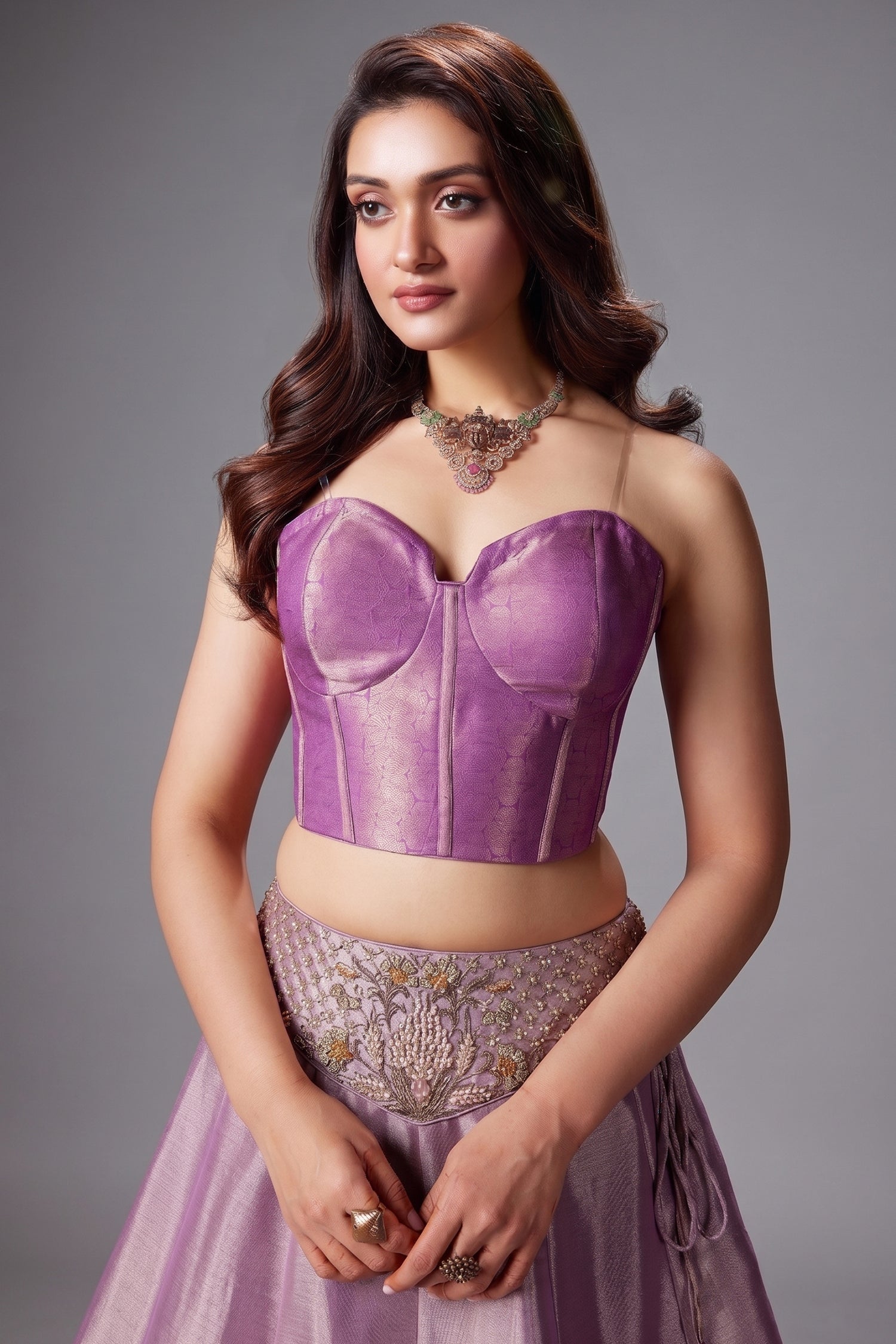 Lilac and Golden Tissue Lehenga with Handworked Waist Belt and Structured Corset Blouse - red saree