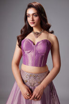 Lilac and Golden Tissue Lehenga with Handworked Waist Belt and Structured Corset Blouse - red saree