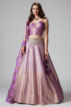 Lilac and Golden Tissue Lehenga with Handworked Waist Belt and Structured Corset Blouse - red saree