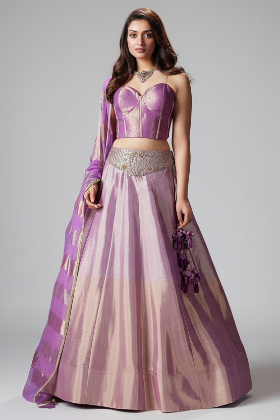 Lilac and Golden Tissue Lehenga with Handworked Waist Belt and Structured Corset Blouse - red saree