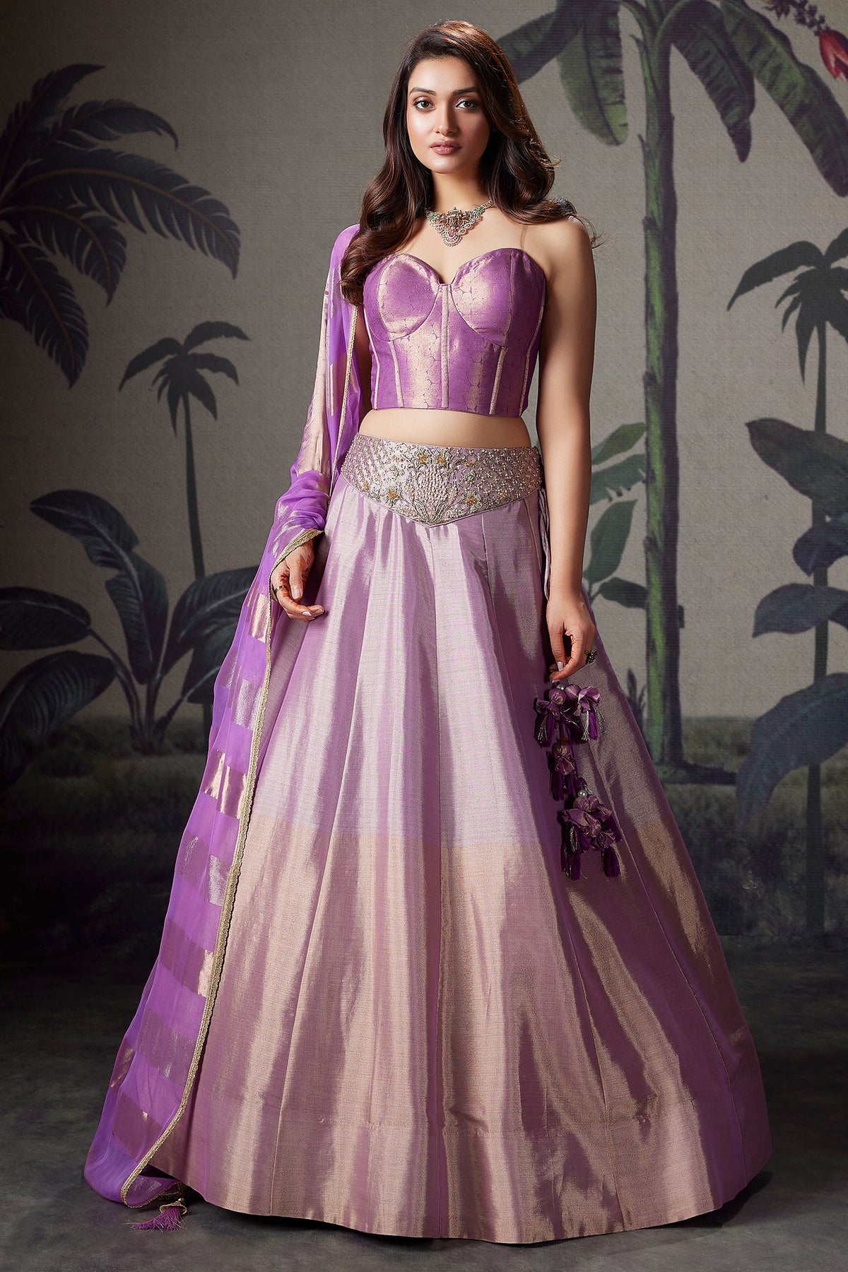 Lilac and Golden Tissue Lehenga with Handworked Waist Belt and Structured Corset Blouse