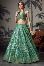 Green Banarasi Brocade Silk Zari Woven Lehenga with Zardosi Work Halter Neck Blouse - green silk saree zari